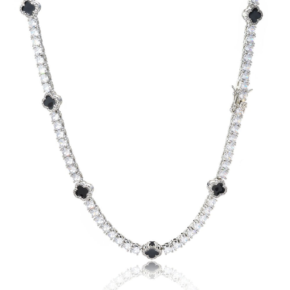 S925 Moissanite Black Clover Leaf Tennis Chain in White Gold - 3mm Necklaces