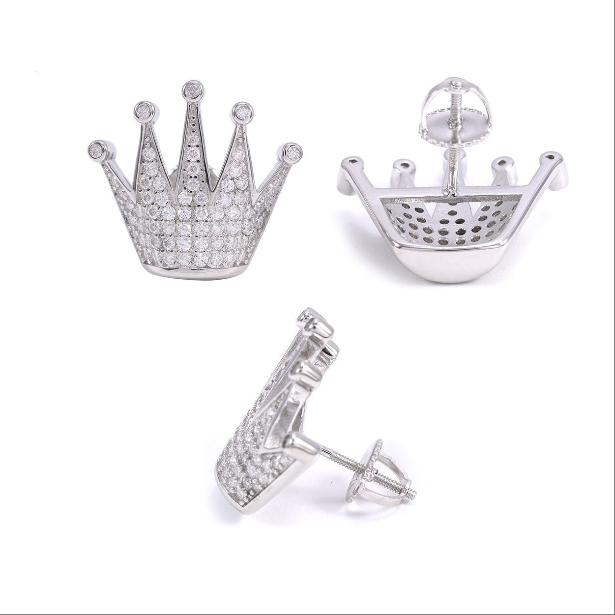 S925 Moissanite Bling Crown Stud Earrings in White Gold - Screw Back Earrings