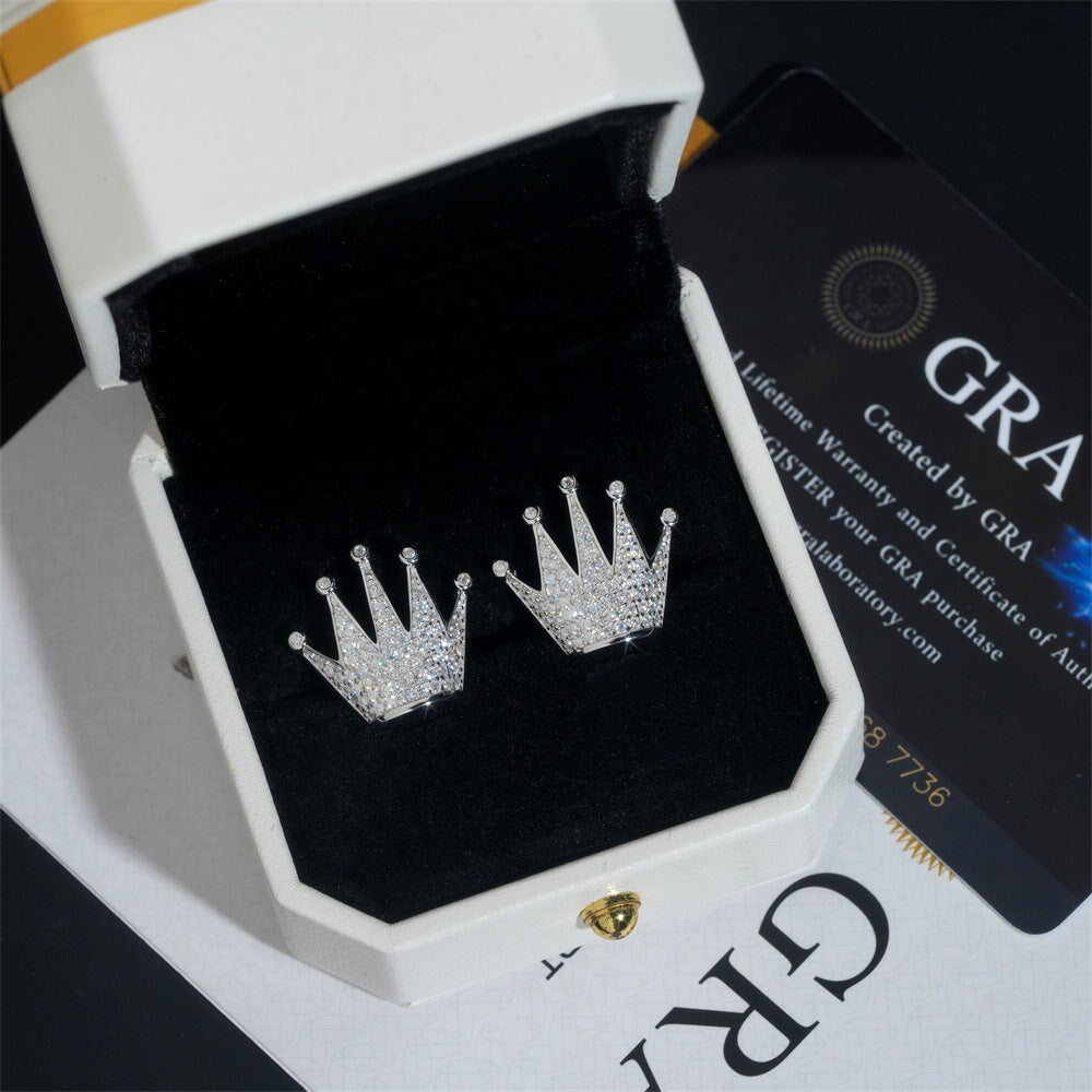 S925 Moissanite Bling Crown Stud Earrings in White Gold - Screw Back Earrings