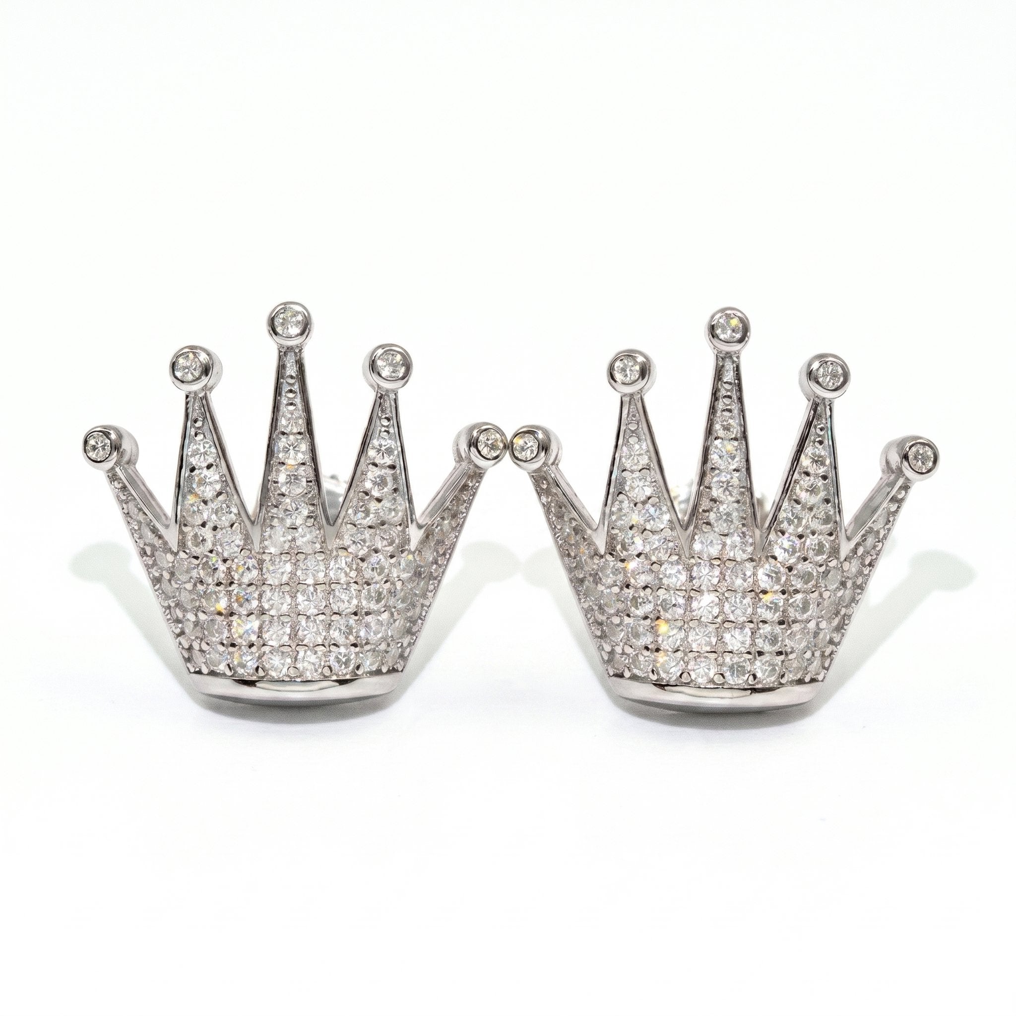 S925 Moissanite Bling Crown Stud Earrings in White Gold - Screw Back Earrings