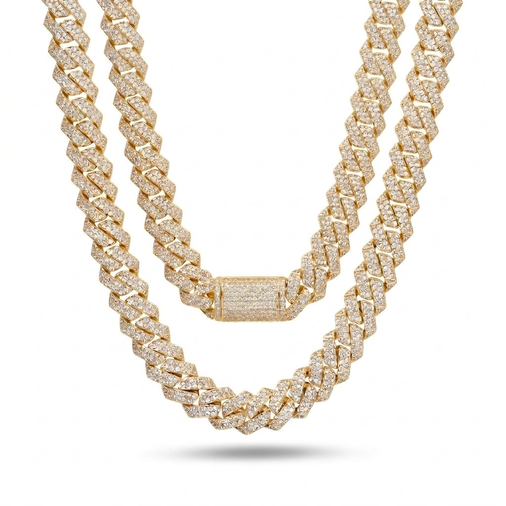 S925 Moissanite Diamond Cuban Link Prong Chain in 14K Gold - 10mm Necklaces