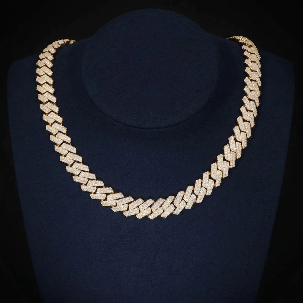S925 Moissanite Diamond Cuban Link Prong Chain in 14K Gold - 10mm Necklaces