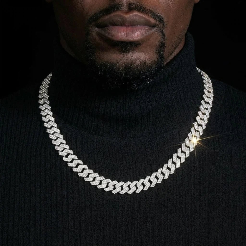 S925 Moissanite Diamond Cuban Link Prong Chain in White Gold - 10mm Necklaces