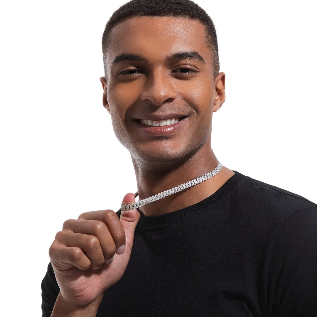 S925 Moissanite Diamond Cuban Link Prong Chain in White Gold - 8mm Necklaces