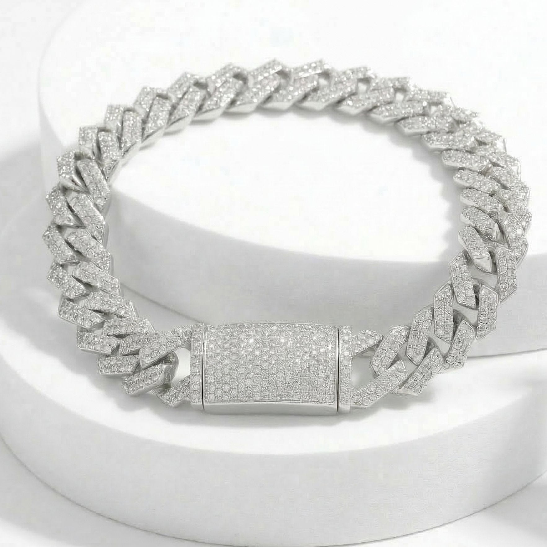 S925 Moissanite Diamond Prong Cuban Link Bracelet in White Gold - 12mm Bracelets