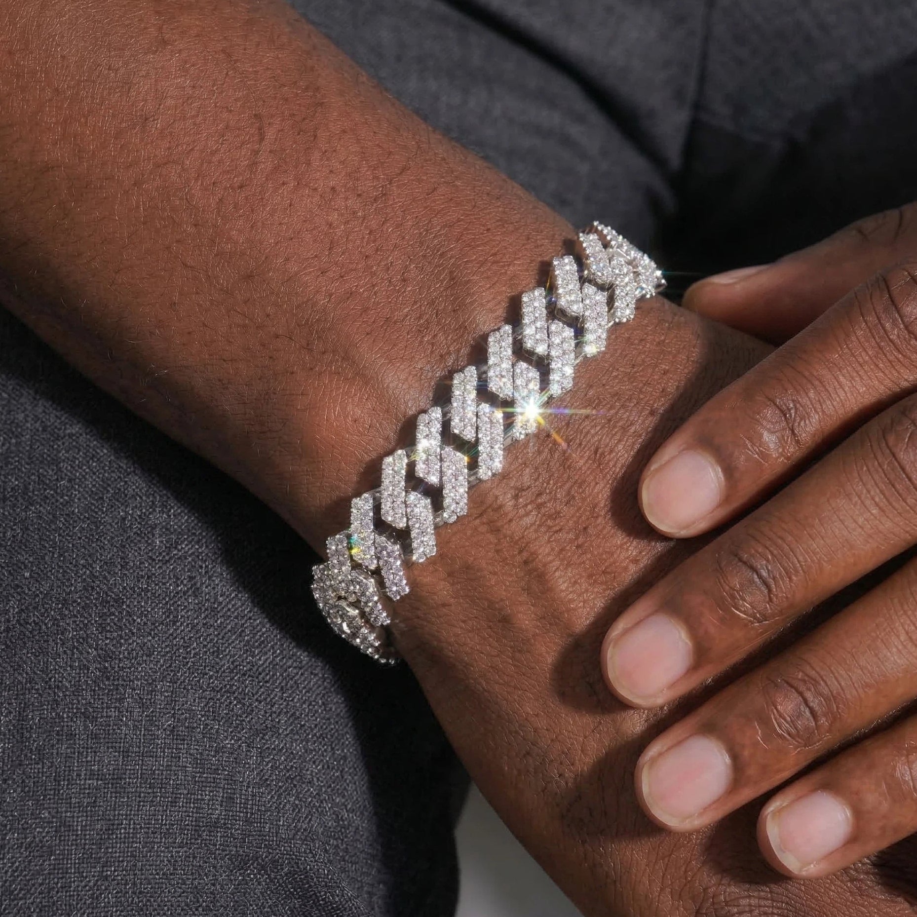 S925 Moissanite Diamond Prong Cuban Link Bracelet in White Gold - 12mm Bracelets