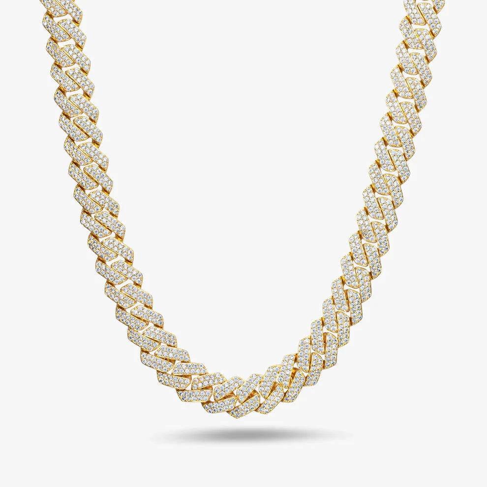 S925 Moissanite Diamond Prong Cuban Link Chain in 14K Gold - 12mm Necklaces