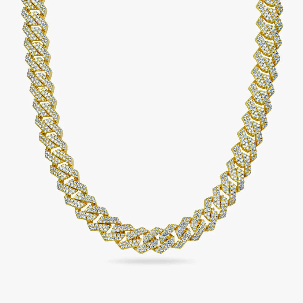 S925 Moissanite Diamond Prong Cuban Link Chain in 14K Gold - 14mm Necklaces