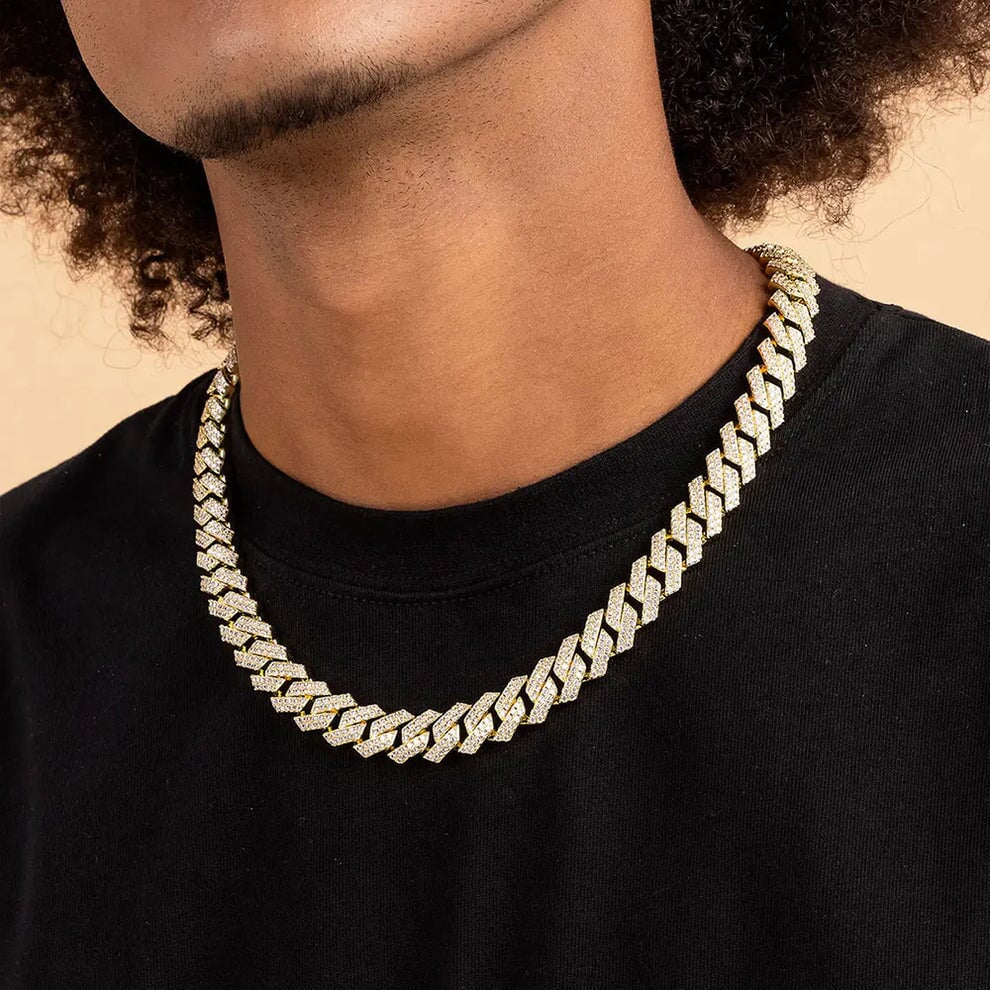 S925 Moissanite Diamond Prong Cuban Link Chain in 14K Gold - 14mm Necklaces