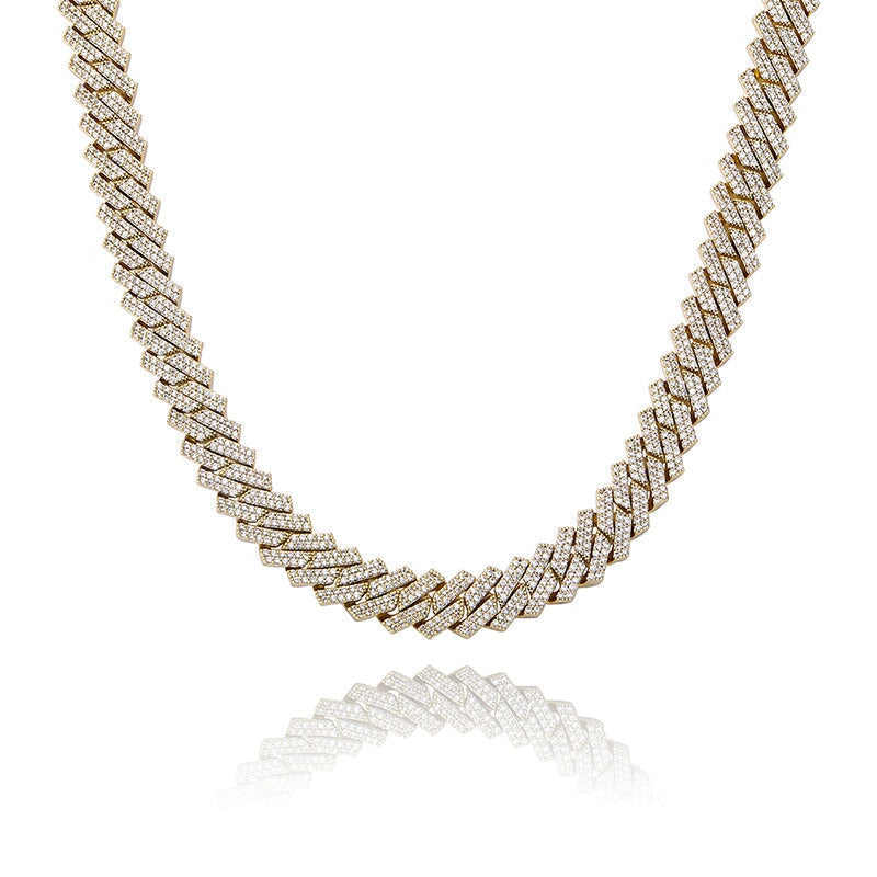 S925 Moissanite Diamond Prong Cuban Link Chain in 14K Gold - 15mm