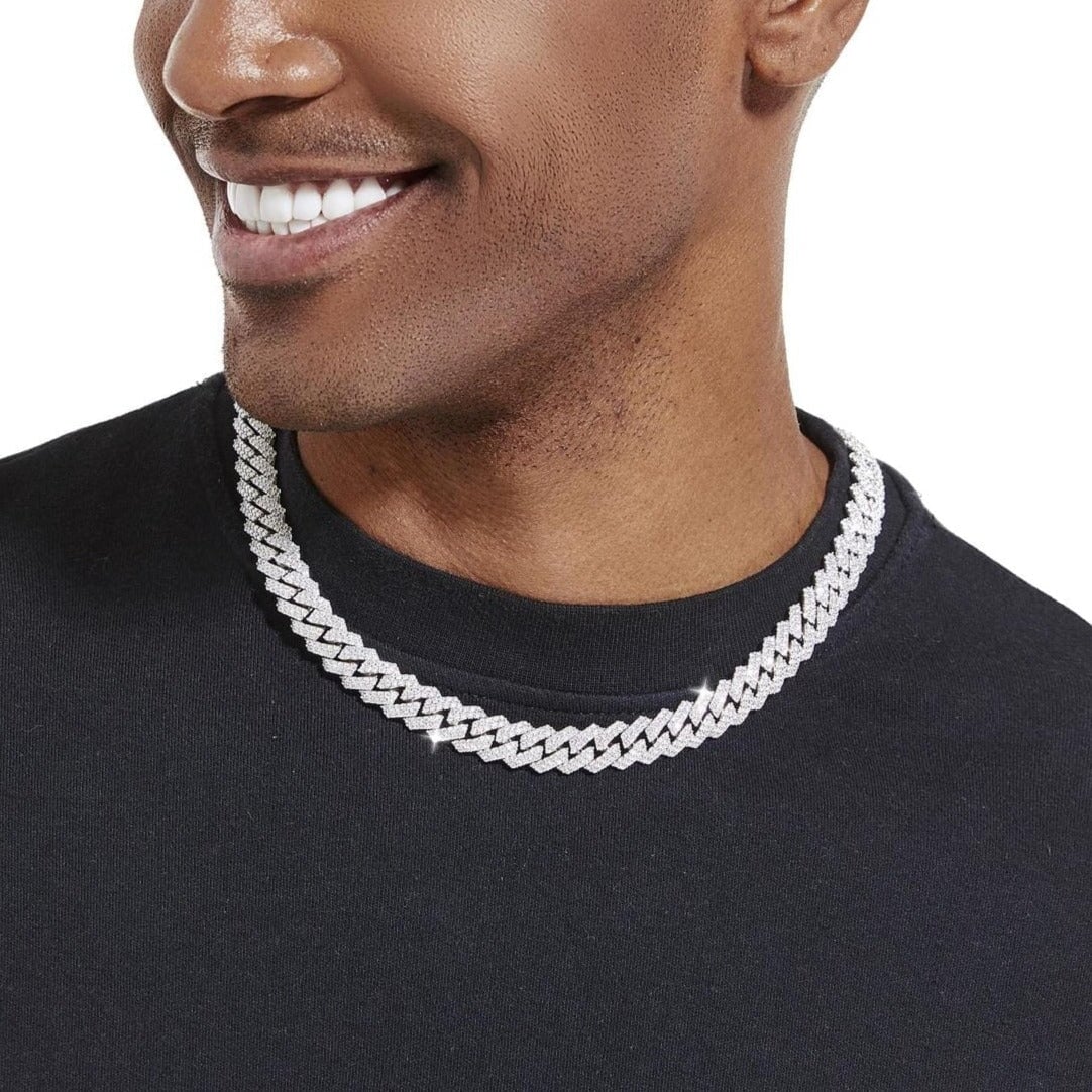 S925 Moissanite Diamond Prong Cuban Link Chain in White Gold - 12mm Necklaces