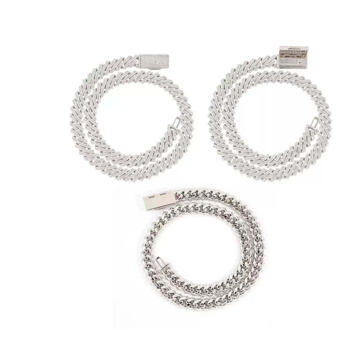 S925 Moissanite Diamond Prong Cuban Link Chain in White Gold - 12mm Necklaces