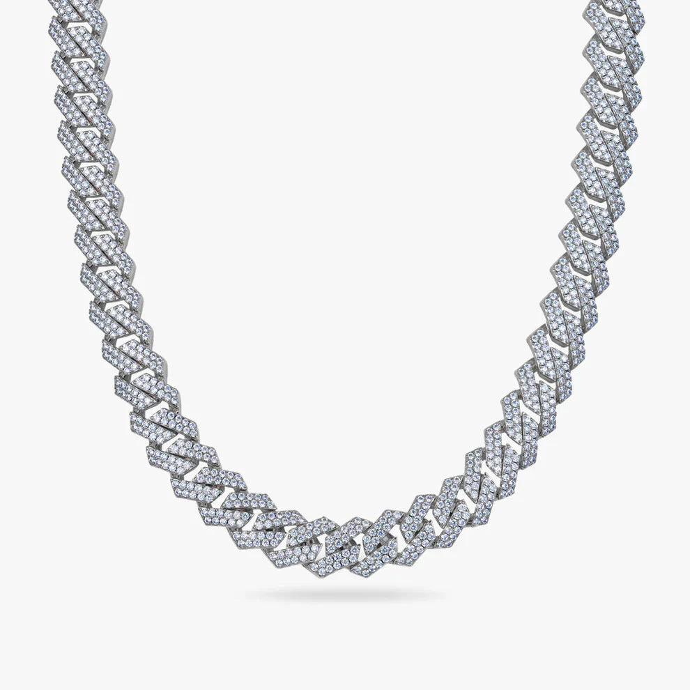 S925 Moissanite Diamond Prong Cuban Link Chain in White Gold - 14mm Necklaces