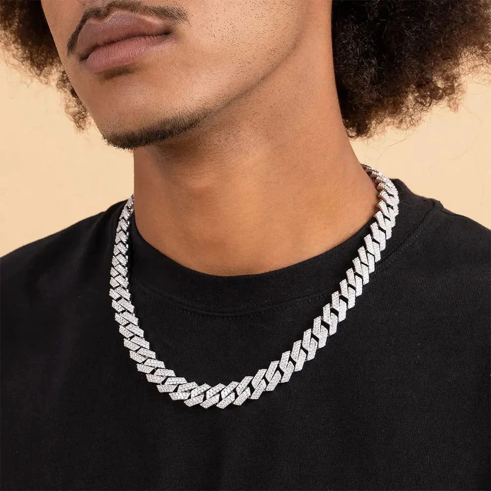 S925 Moissanite Diamond Prong Cuban Link Chain in White Gold - 14mm Necklaces