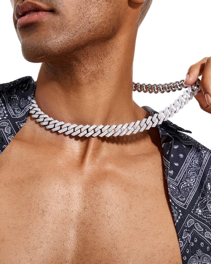 S925 Moissanite Diamond Prong Cuban Link Chain in White Gold - 15mm