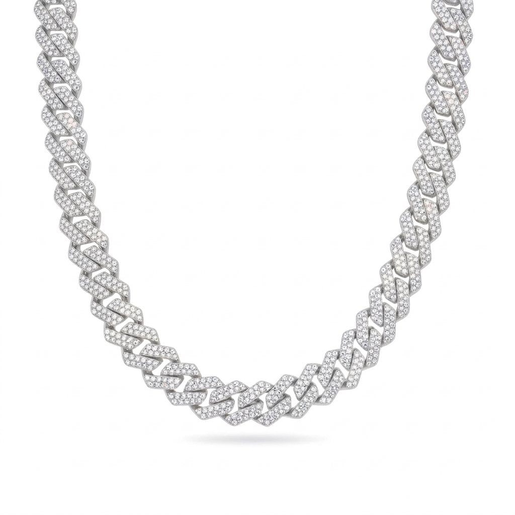 S925 Moissanite Diamond Prong Cuban Link Chain in White Gold - All Sizes Necklaces
