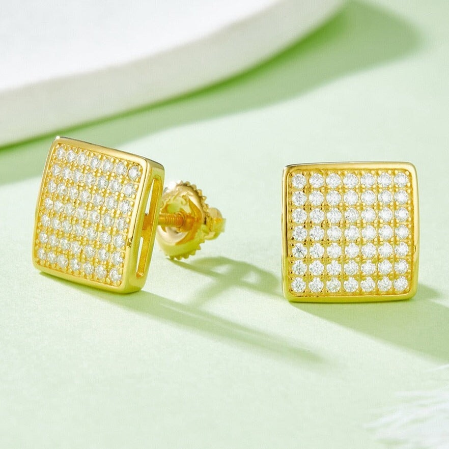 S925 Moissanite Diamond Square Stud Earrings in 14K Gold - 10mm Earrings
