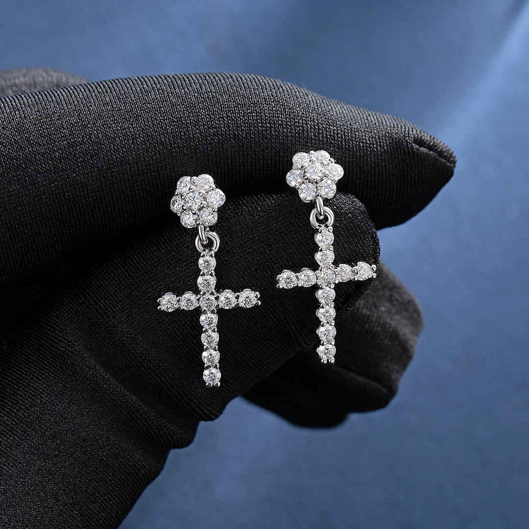 S925 Moissanite Flower Cluster Cross Stud Earrings - VVS1 Earrings