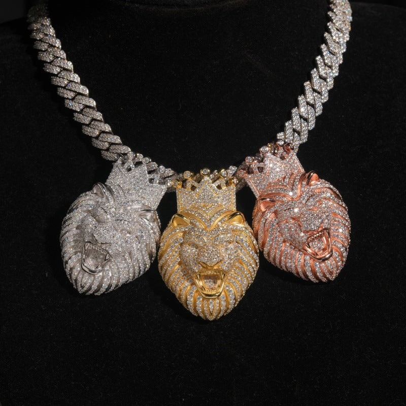 S925 Moissanite Lion Head With Crown Pendant Charms & Pendants