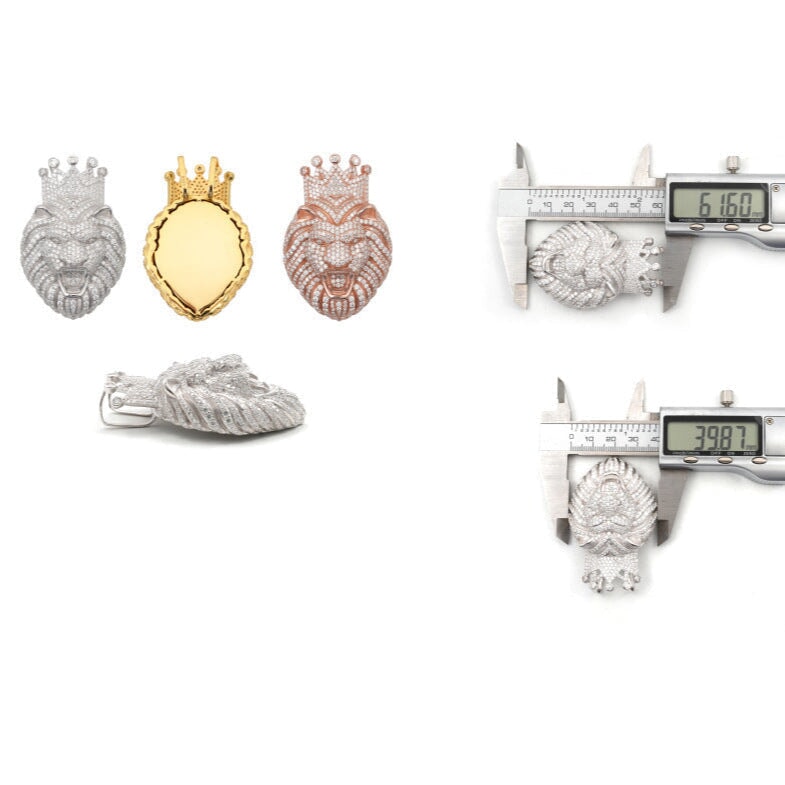 S925 Moissanite Lion Head With Crown Pendant Charms & Pendants
