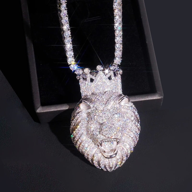S925 Moissanite Lion Head With Crown Pendant Charms & Pendants 925 Silver & D Moissanite (VVS1 Shine) White Gold 2.5inch (40x62mm)