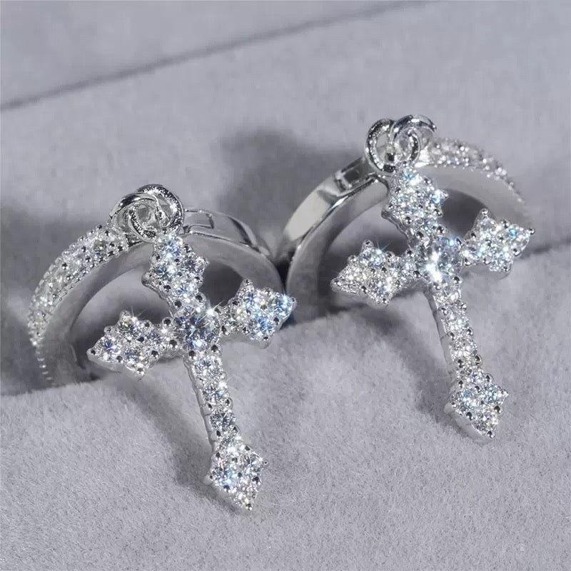 S925 Moissanite Nova Cross Hoop Earrings in White Gold Earrings