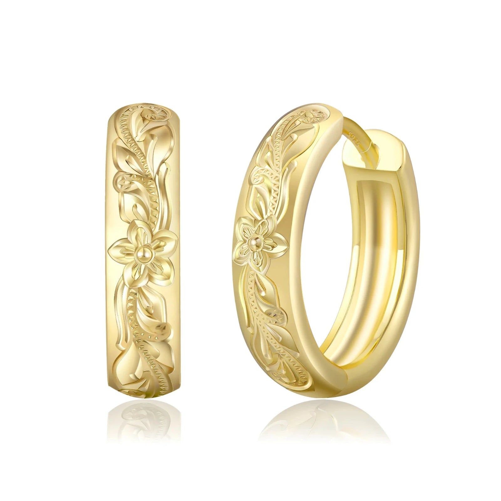 S925 Plumeria Tropical Hawaiian Flower Hoop Earrings in 14K Gold - 15mm Earrings