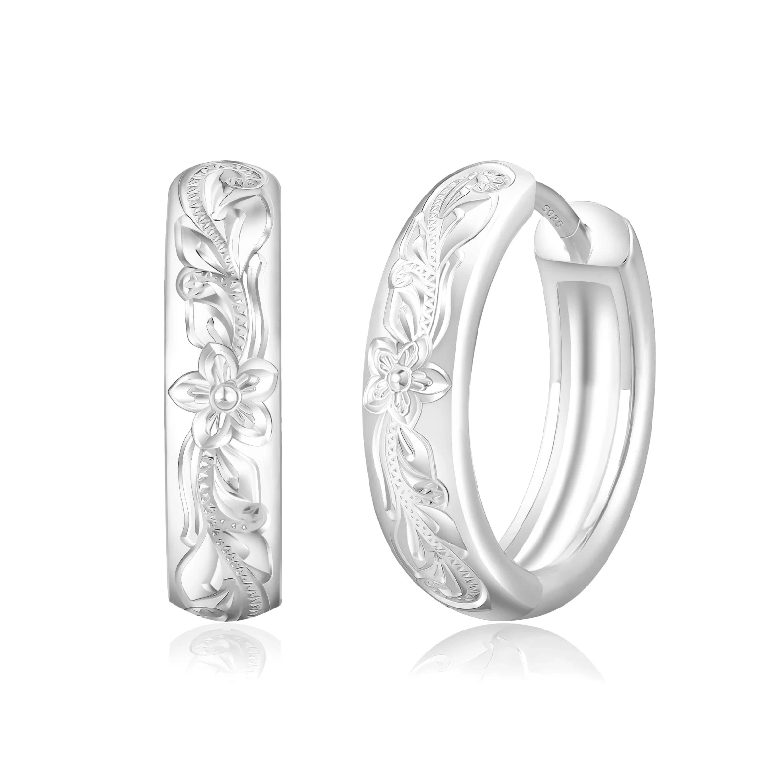 S925 Plumeria Tropical Hawaiian Flower Hoop Earrings in White Gold - 15mm Earrings
