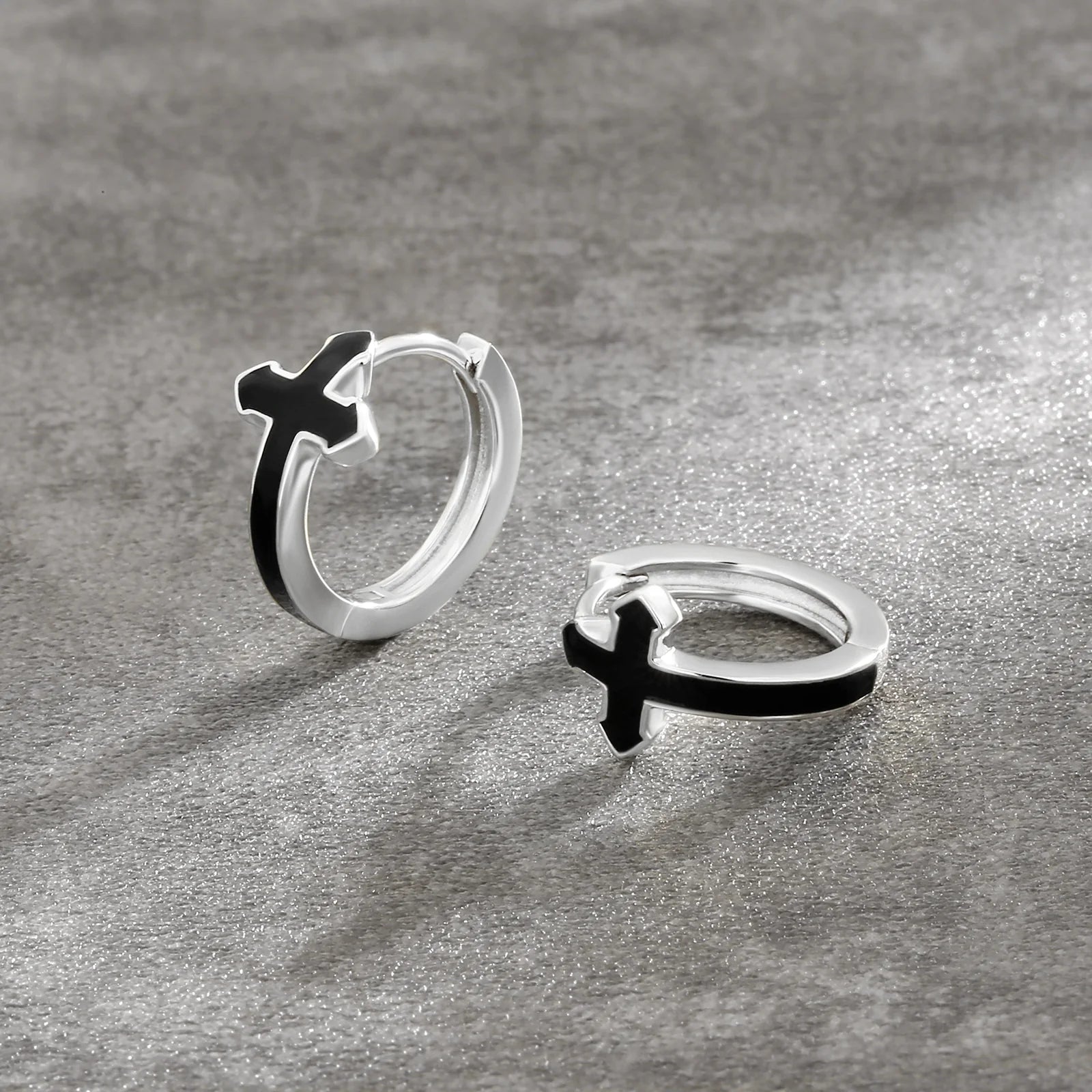 S925 Silver Black Cross Hoop Earrings in White Gold - 15mm Earrings