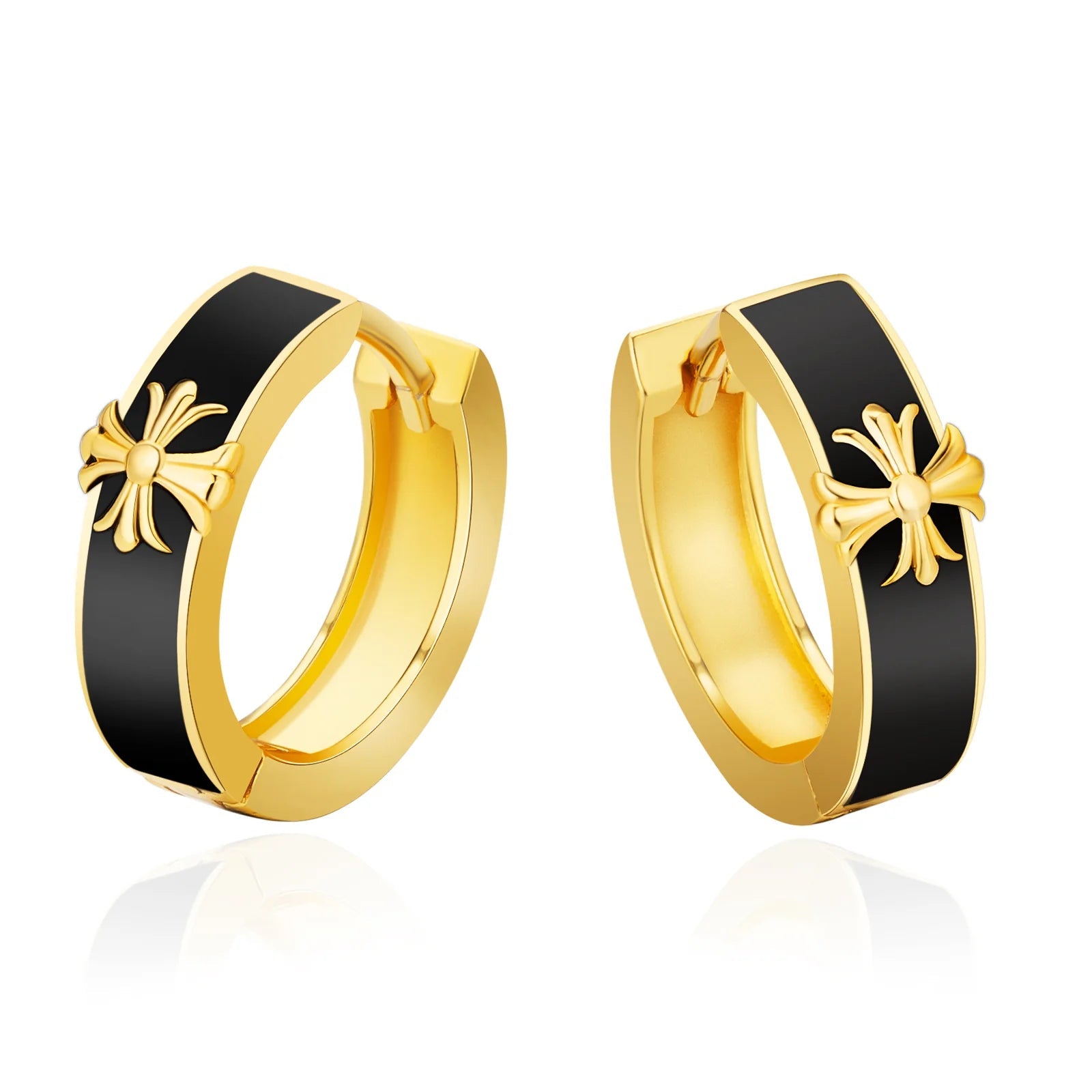 S925 Silver Black Enamel Cross Hoop Earrings in 14K Gold - 15mm Earrings