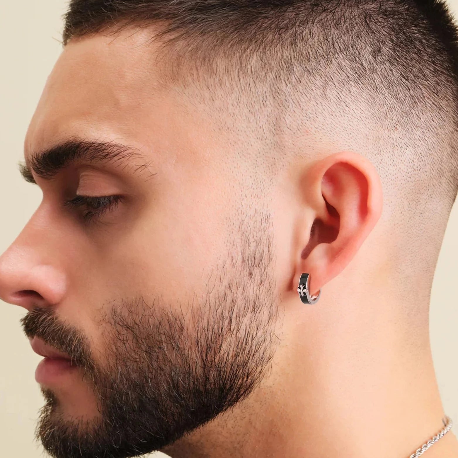 S925 Silver Black Enamel Cross Hoop Earrings in White Gold - 15mm Earrings