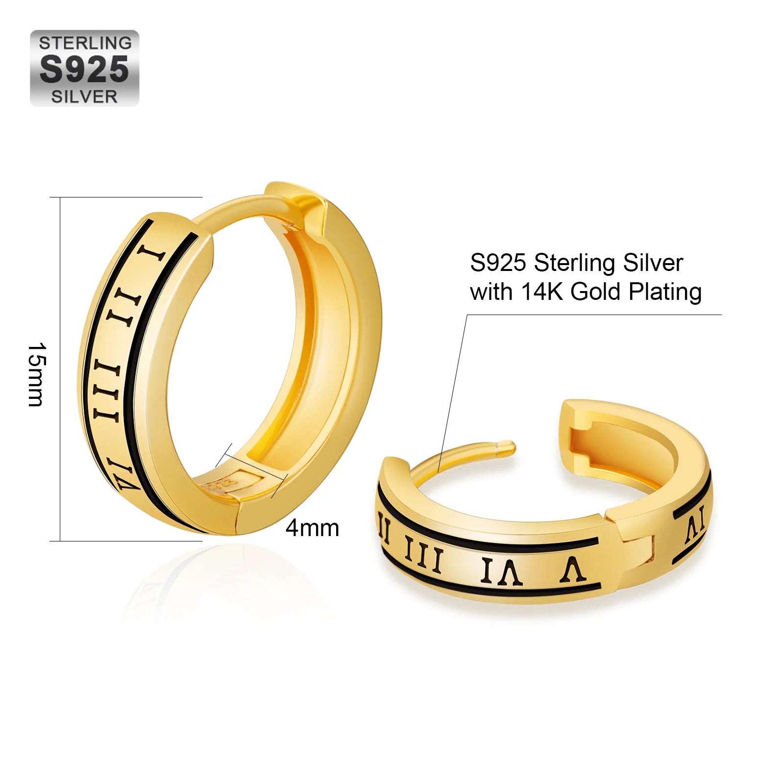 S925 Silver Black Roman Numerals Hoop Earrings in 14K Gold - 15mm Earrings