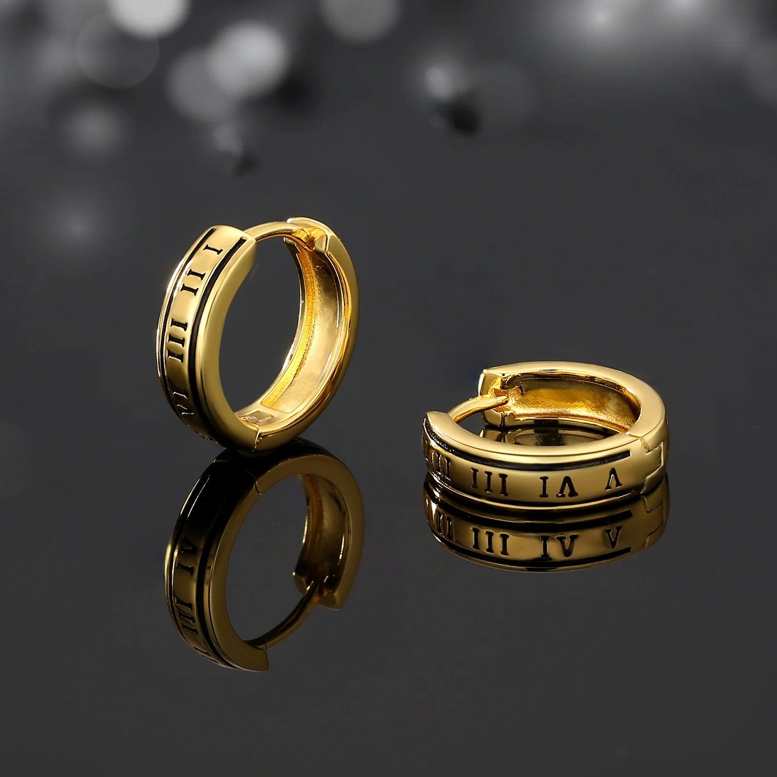 S925 Silver Black Roman Numerals Hoop Earrings in 14K Gold - 15mm Earrings 