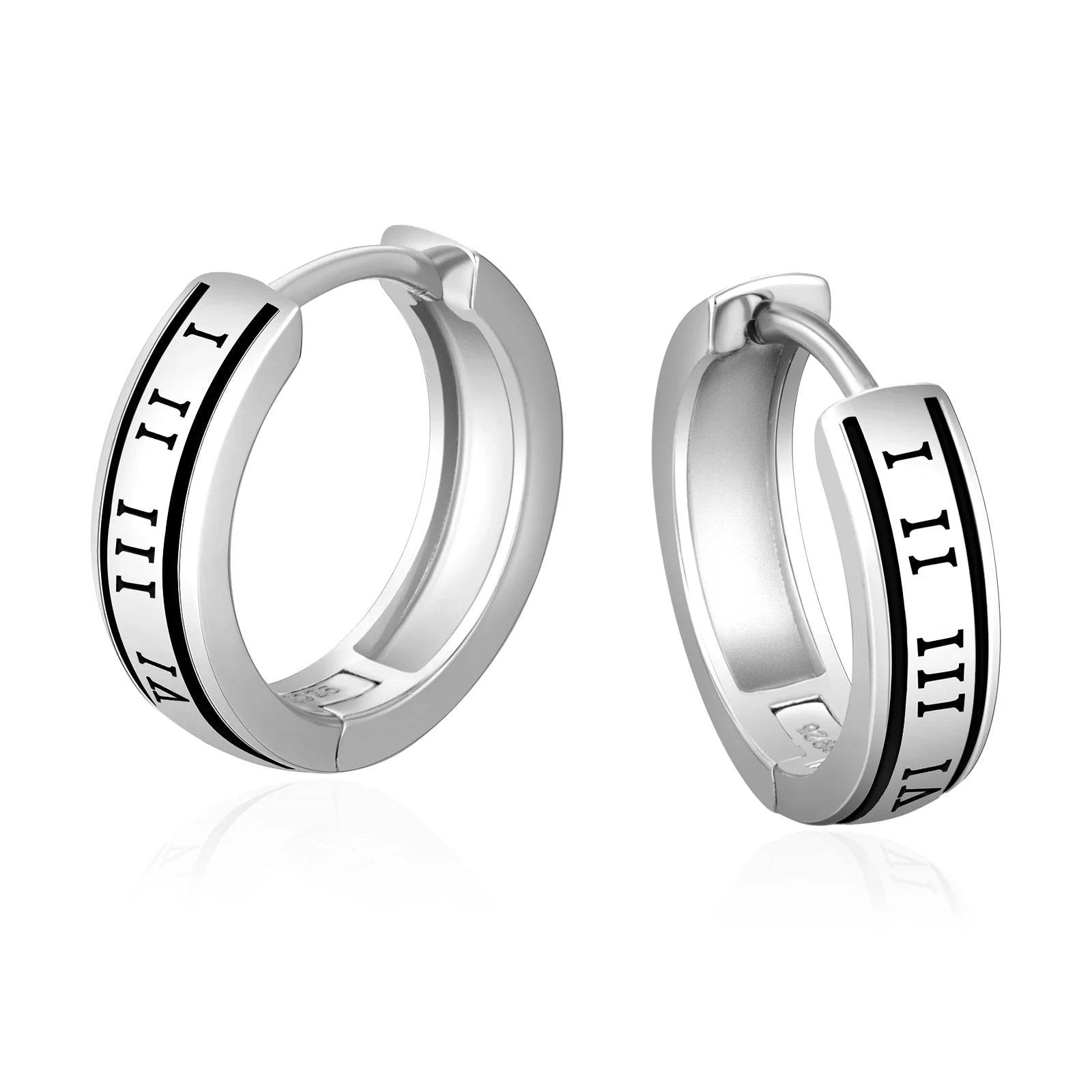 S925 Silver Black Roman Numerals Hoop Earrings in White Gold - 15mm Earrings