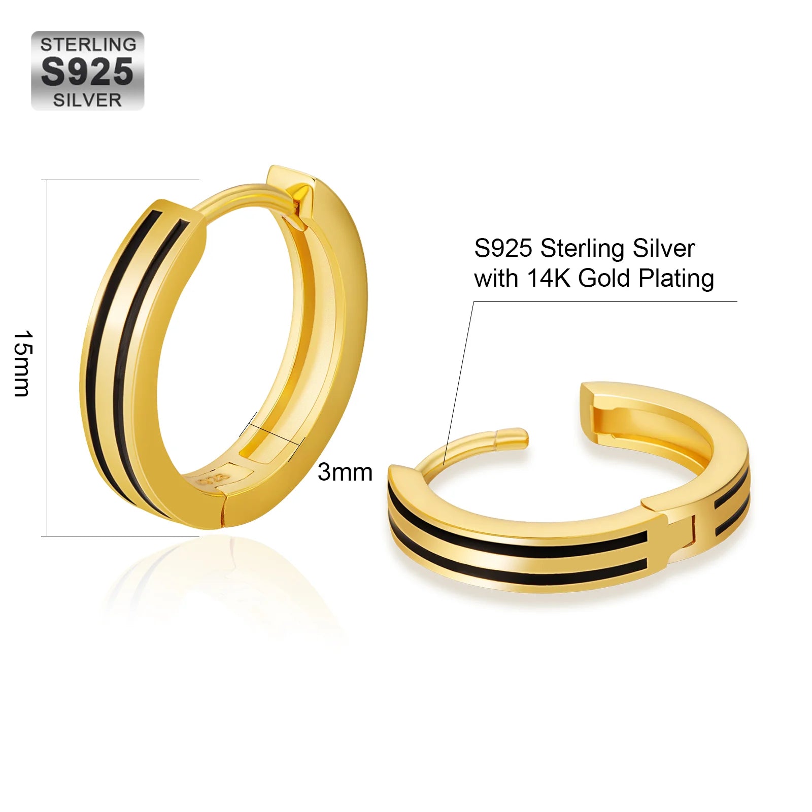 S925 Silver Black Stripe Hoop Earrings in 14K Gold - 15mm Earrings