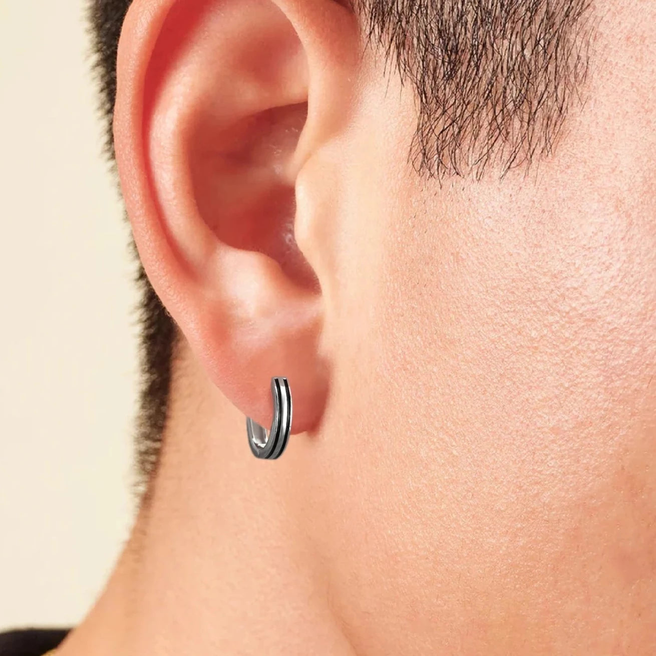 S925 Silver Black Stripe Hoop Earrings in White Gold - 15mm Earrings