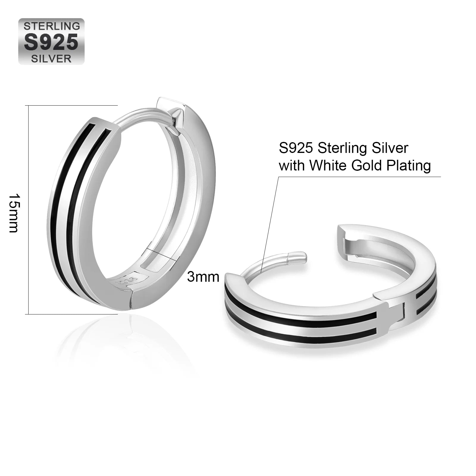 S925 Silver Black Stripe Hoop Earrings in White Gold - 15mm Earrings