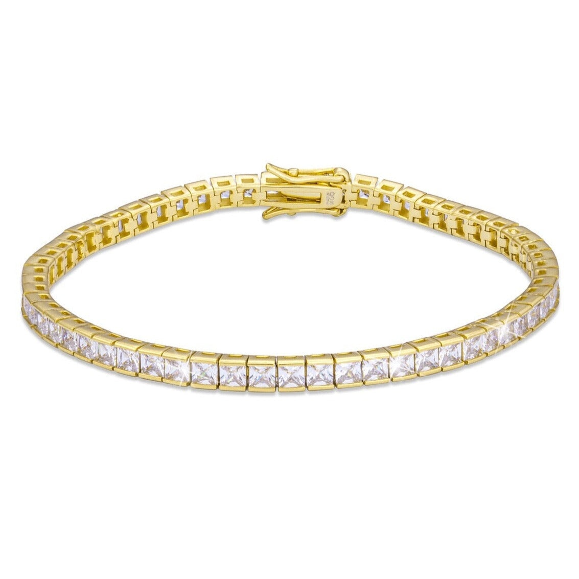 S925 Silver CZ Princess Cut Diamond Tennis Bracelet - 3mm Bracelets 7" 925 Sterling Silver 14K Gold