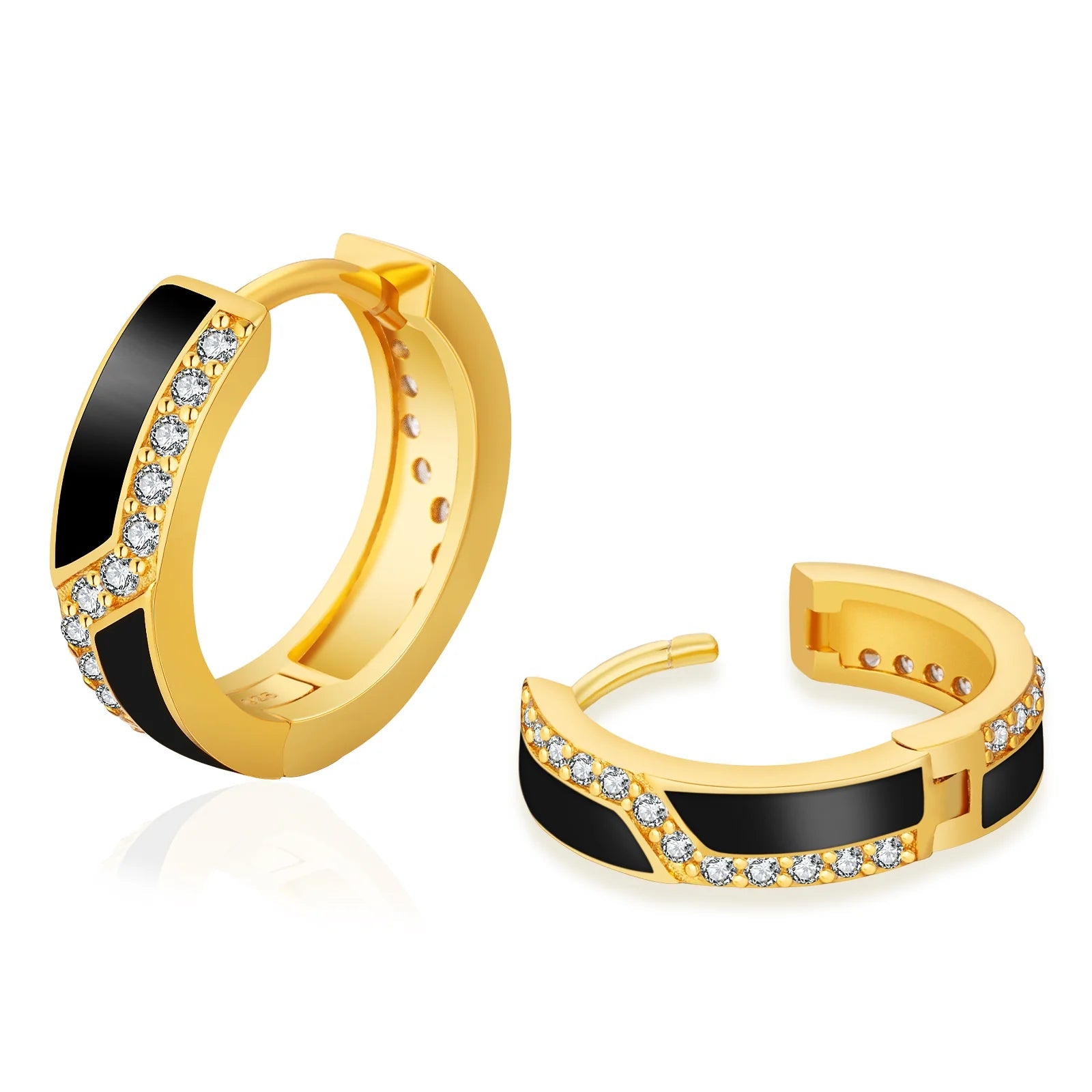 S925 Silver Iced Black Hoop Earrings in 14K Gold - 15mm Earrings