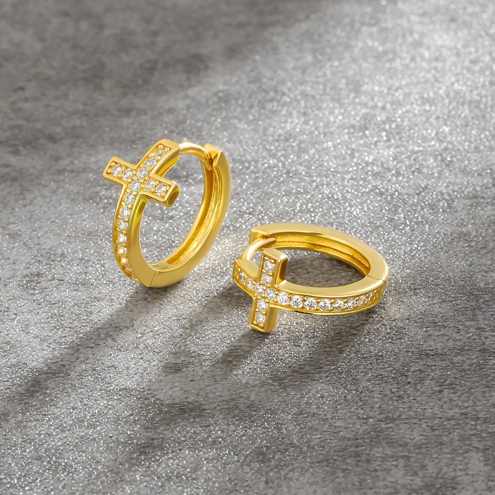 S925 Silver Iced Diamond Cross Hoop Earrings in 14K Gold - 15mm Earrings