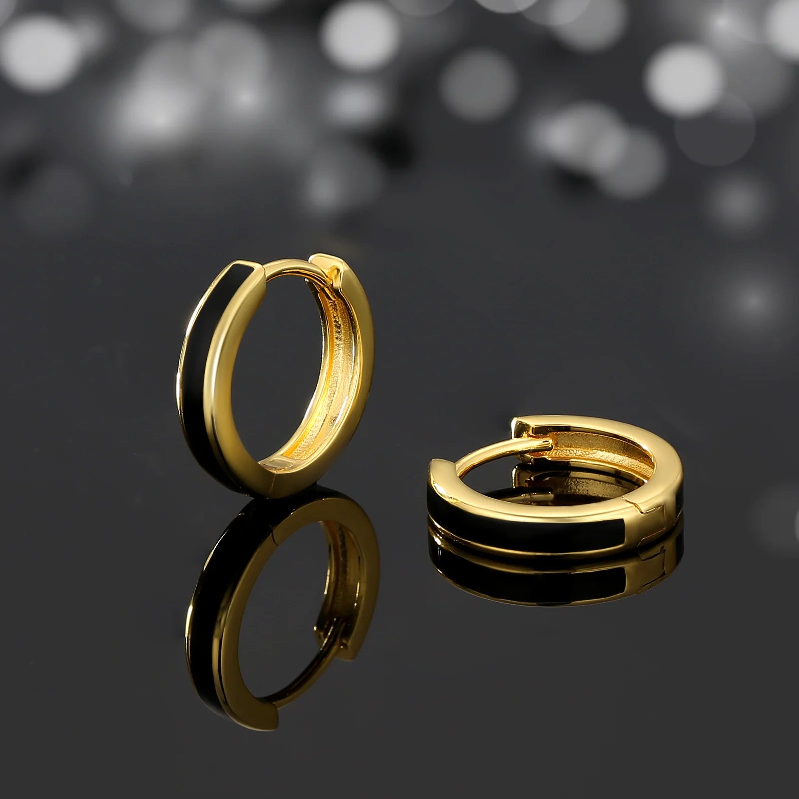 S925 Silver Sleek Black Hoop Earrings in 14K Gold - 15mm Earrings