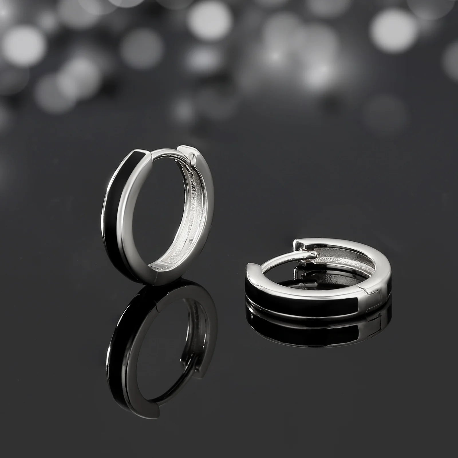 S925 Silver Sleek Black Hoop Earrings in White Gold - 15mm Earrings