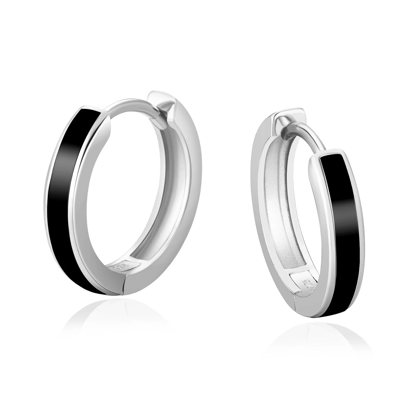 S925 Silver Sleek Black Hoop Earrings in White Gold - 15mm Earrings