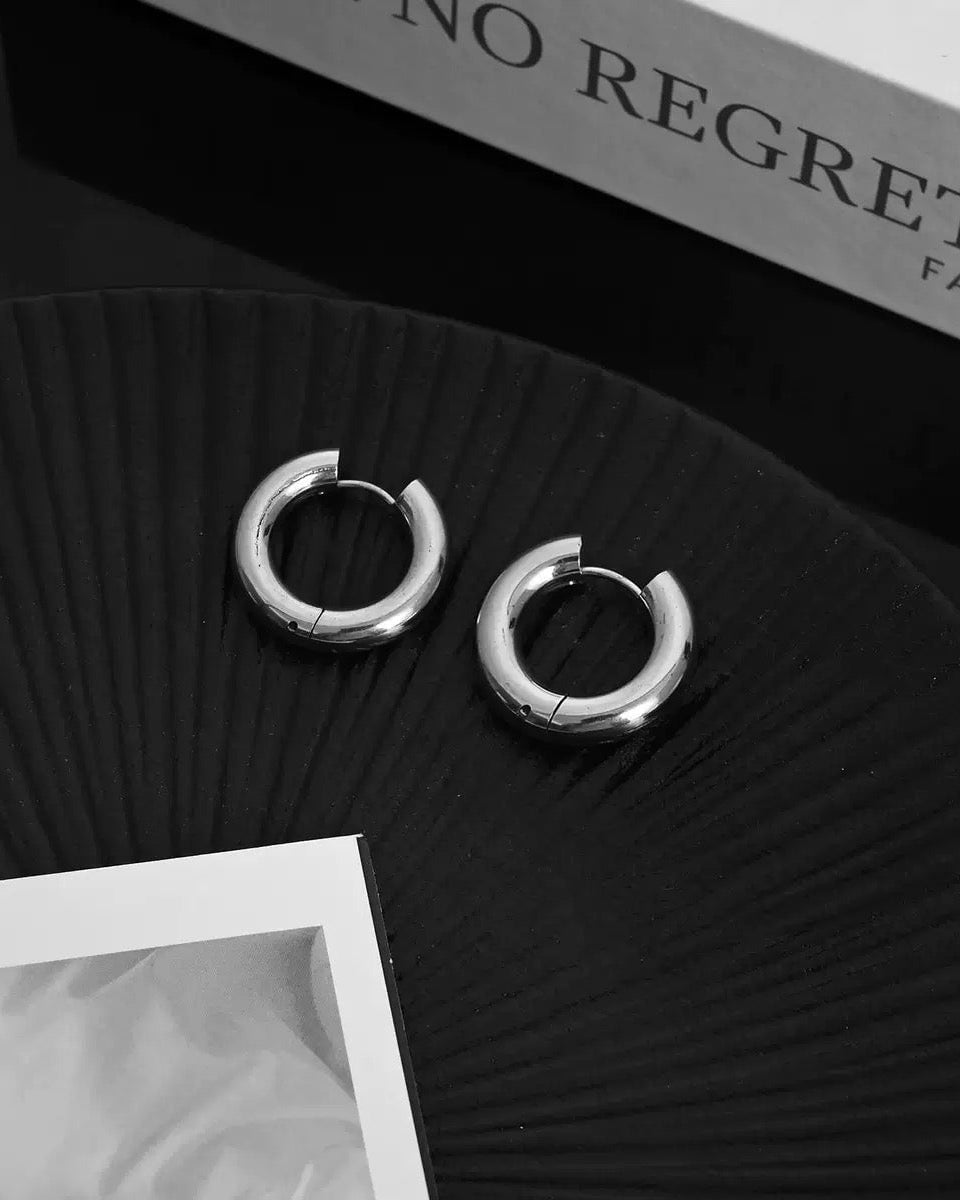 S925 Solid Men's Thick Bold Hoop Earrings in White Gold - 15mm Earrings