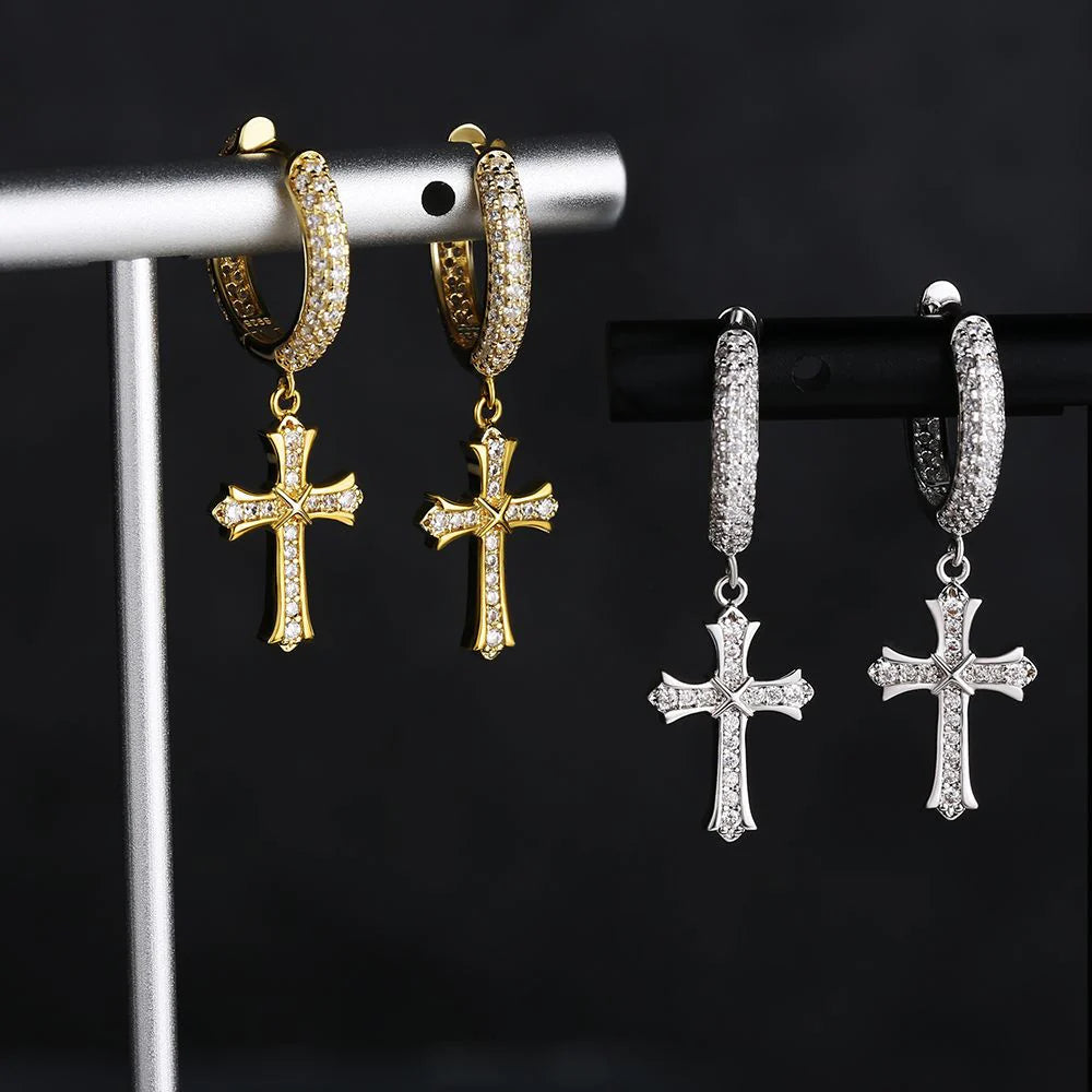 S925 Sterling Silver Diamond Iced Out Hoop Dangle Iris Cross Earrings Earrings