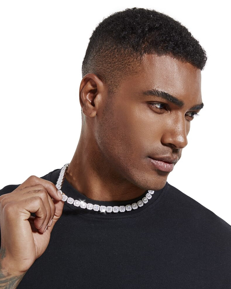 S925 VVS1 Moissanite Diamond Cluster Tennis Chain in White Gold - 10mm Necklaces