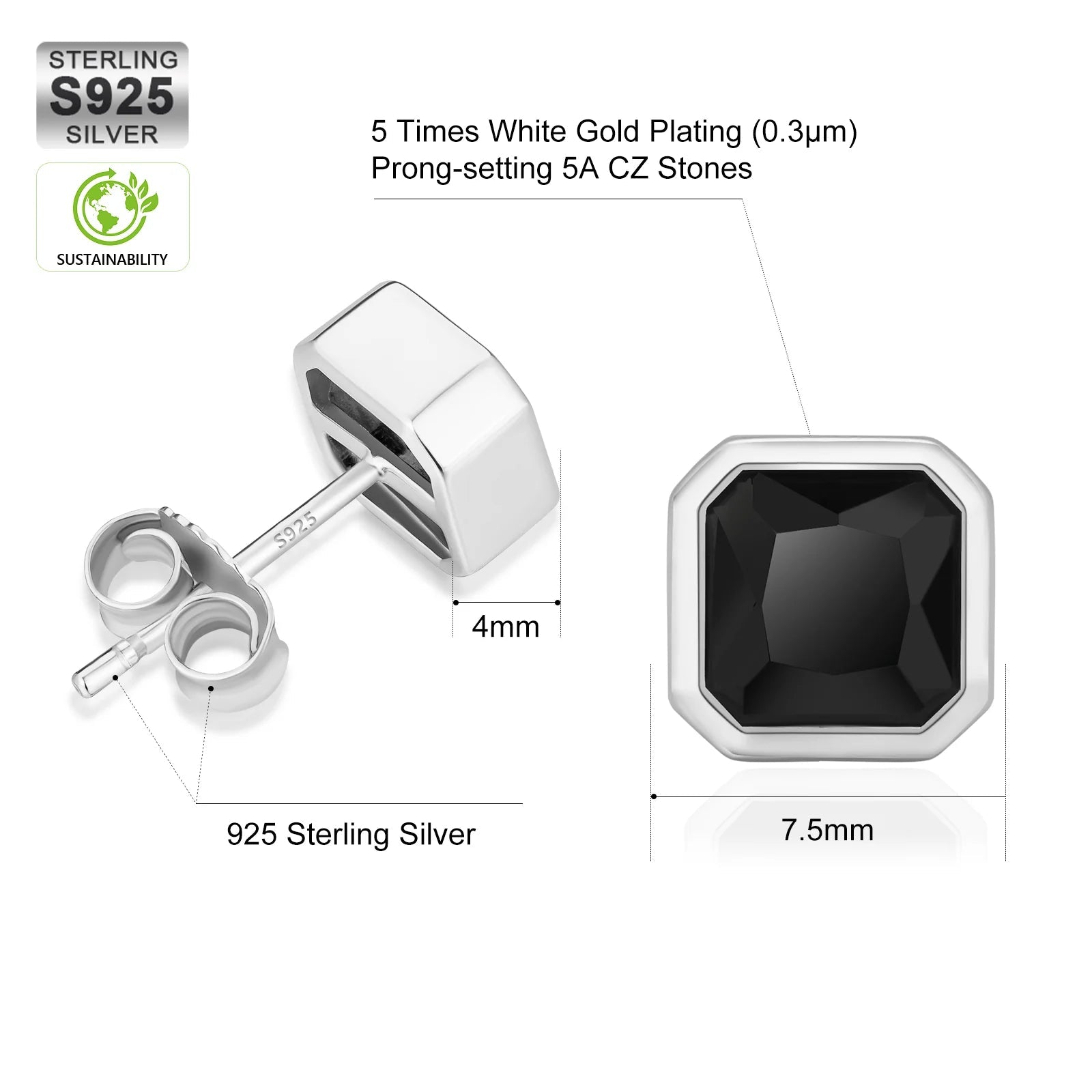 Silver Black Square Stud Earrings for Men Earrings