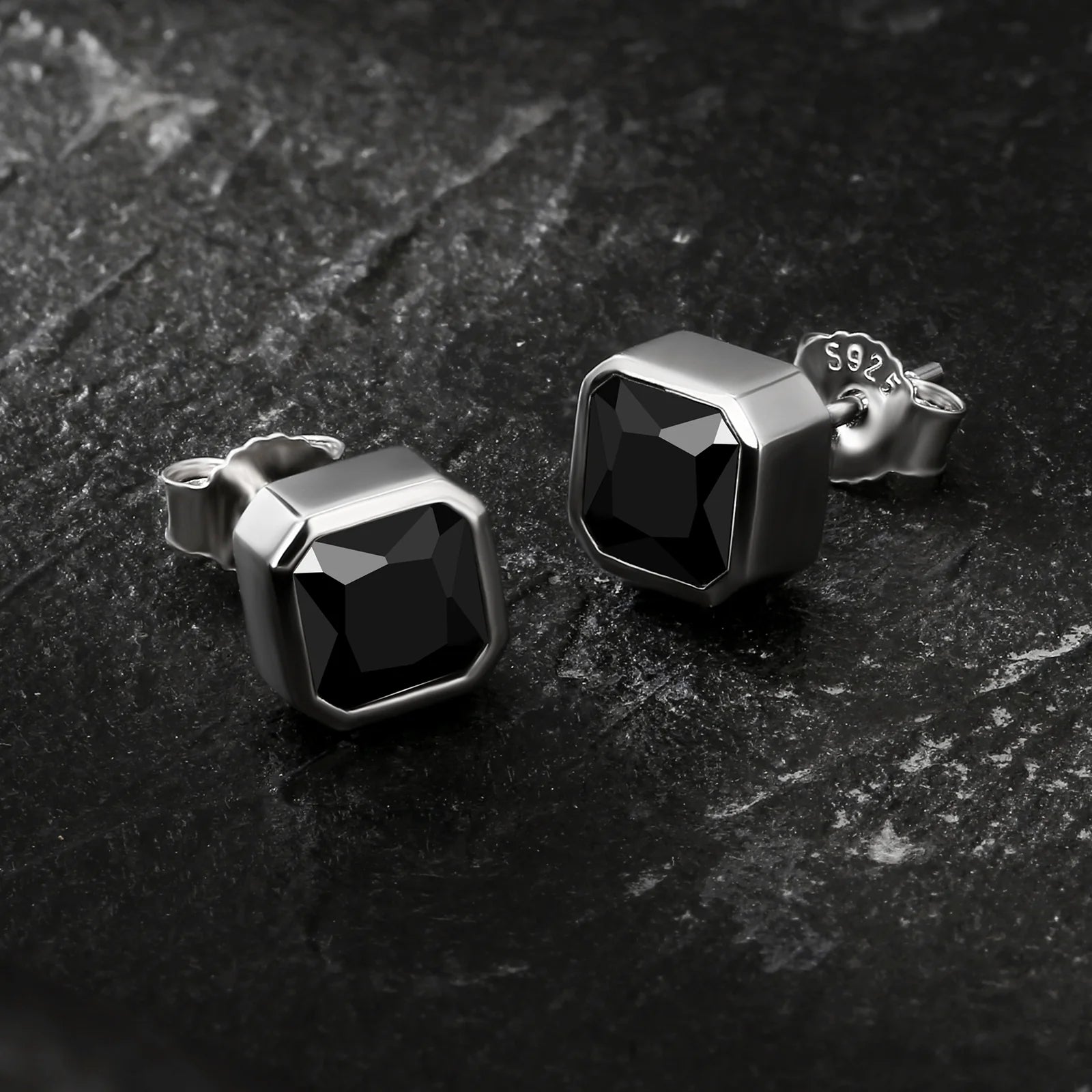 Silver Black Square Stud Earrings for Men Earrings