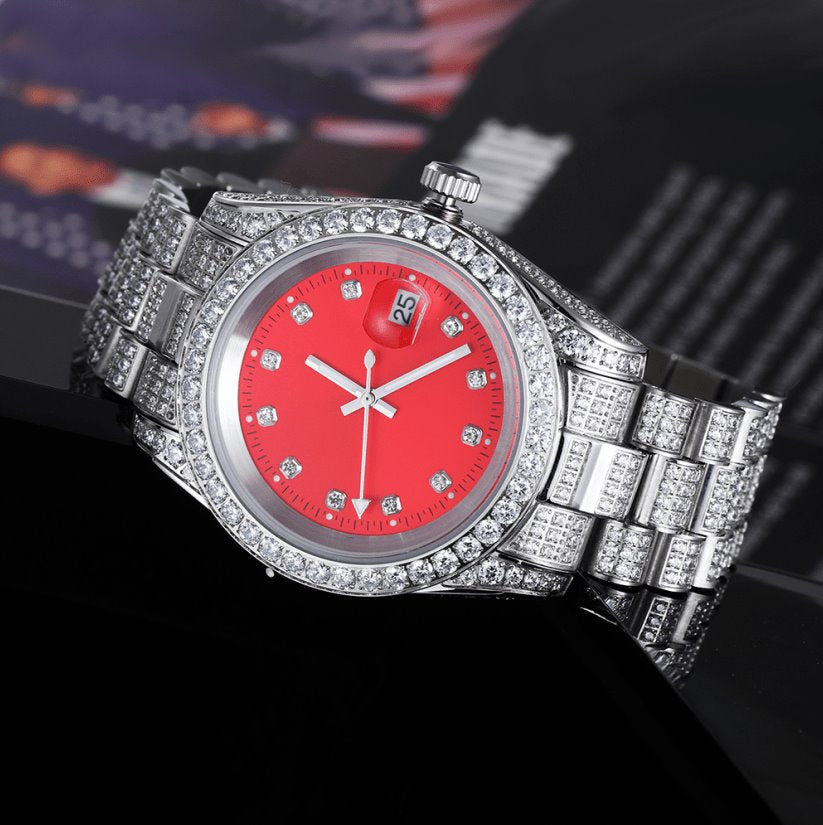 THE ICE CUBE® - Iced Out Diamond Presidential Watch in White Gold (Red Dial)