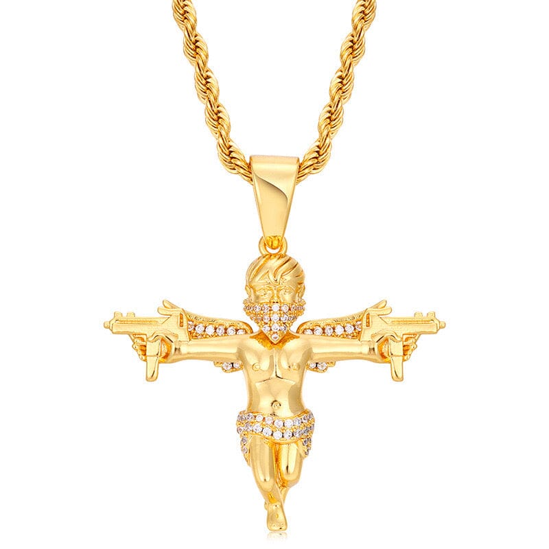 Torrent Shot Angel - 1.5inch Charms & Pendants Brass with CZ Stone Free Rope Chain Yellow Gold